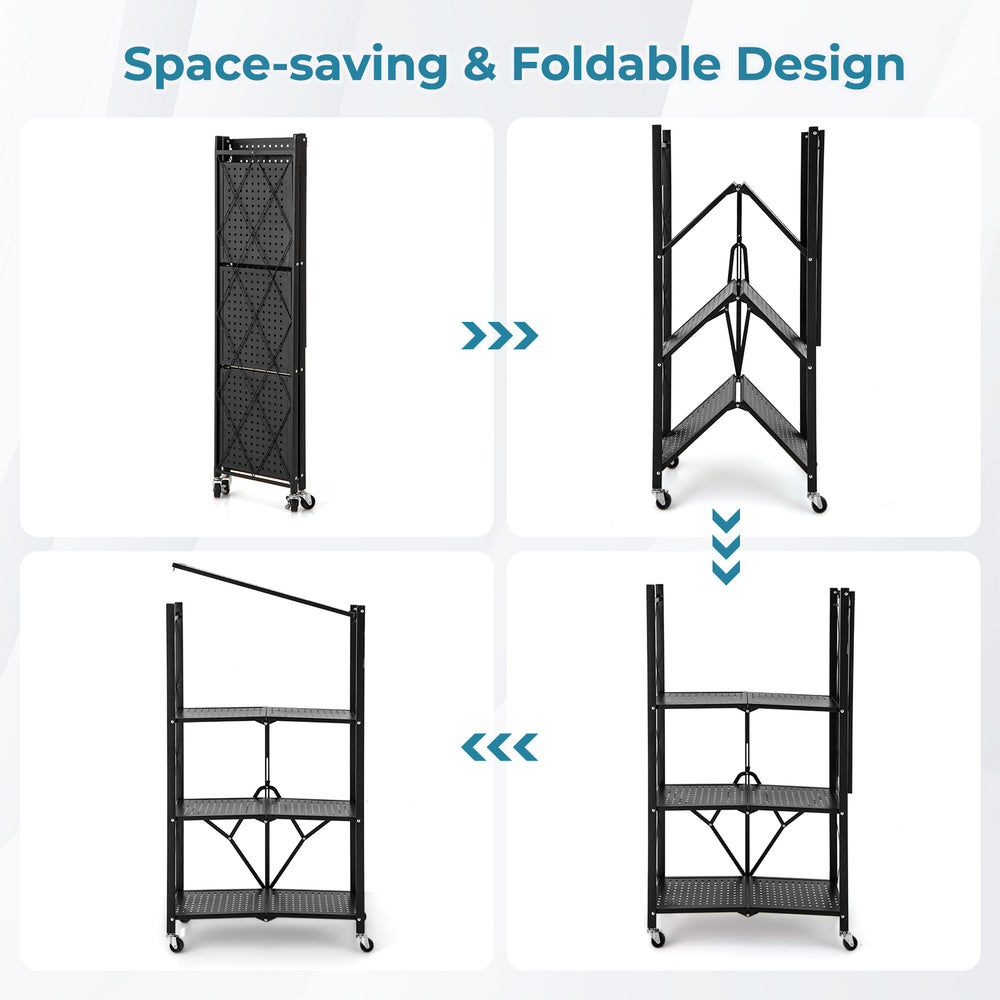 4-tier foldable storage shelf in black with lockable wheels, showcasing space-saving design and easy assembly features.