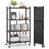 Close-up view of the 4-tier foldable storage shelf in black, featuring a sturdy metal frame and smooth rolling casters.