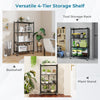 4-tier black foldable storage shelf with lockable wheels, ideal as a bookshelf, plant stand, or tool storage rack.