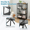 4-tier foldable storage shelf in black with lockable wheels, featuring a sturdy metal frame and reinforced back for.