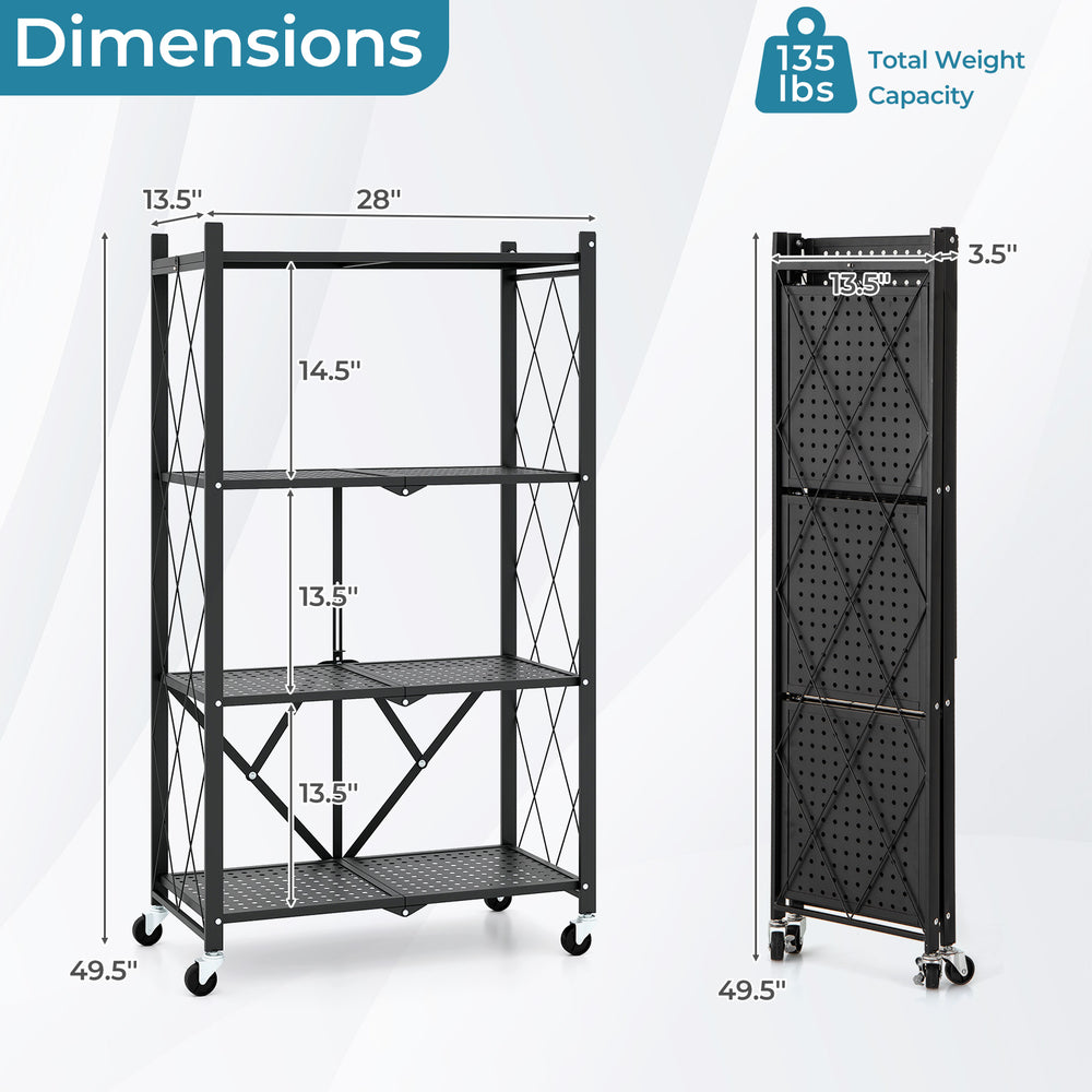 4-tier foldable storage shelf in black with lockable wheels, ideal for organizing items in any space.