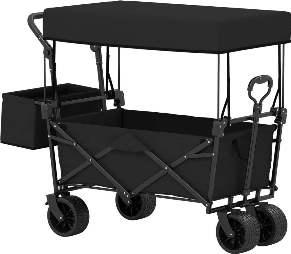 Collapsible wagon in black with removable canopy, 80-liter capacity, and detachable storage bag for outdoor use.