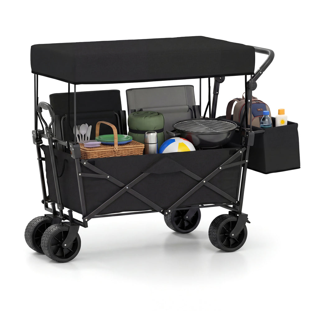 Collapsible wagon in black with removable canopy, spacious 80-liter capacity, and detachable storage bag for outdoor.