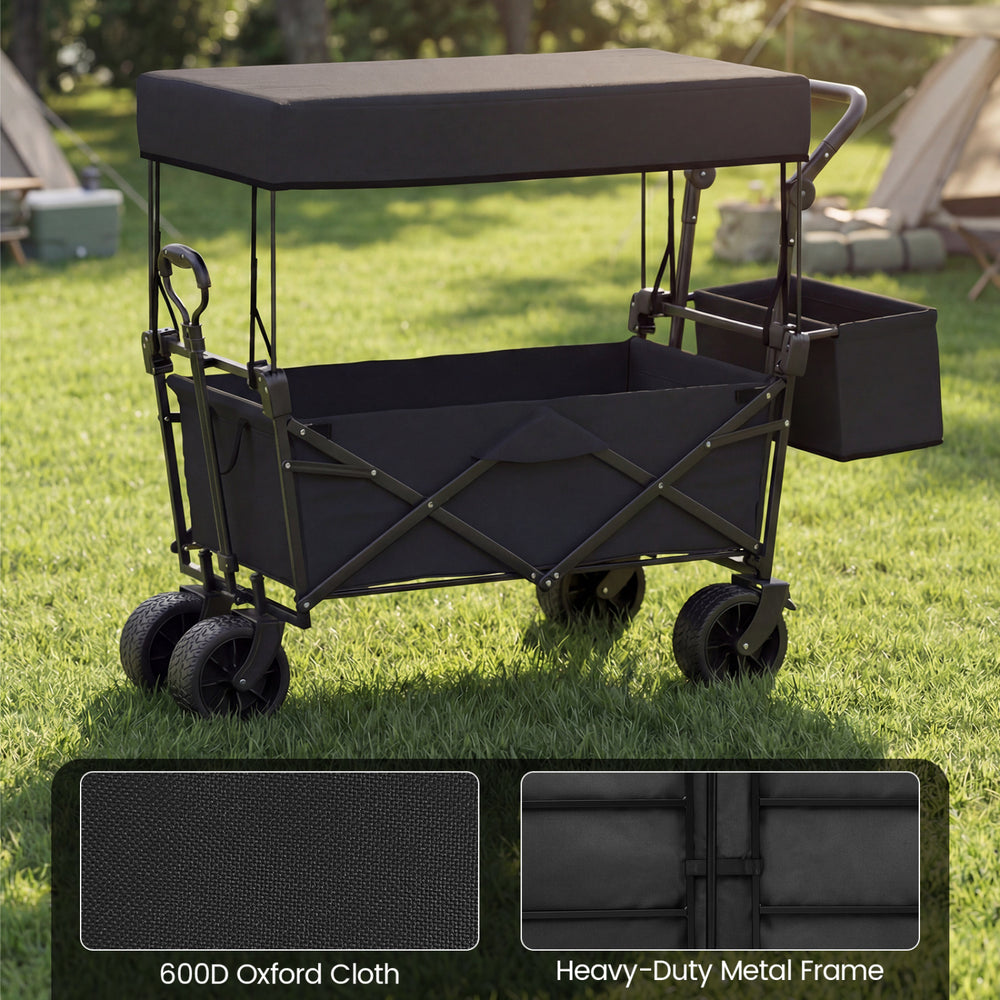 Collapsible wagon in black with removable canopy, 80-liter capacity, and heavy-duty metal frame for outdoor use.