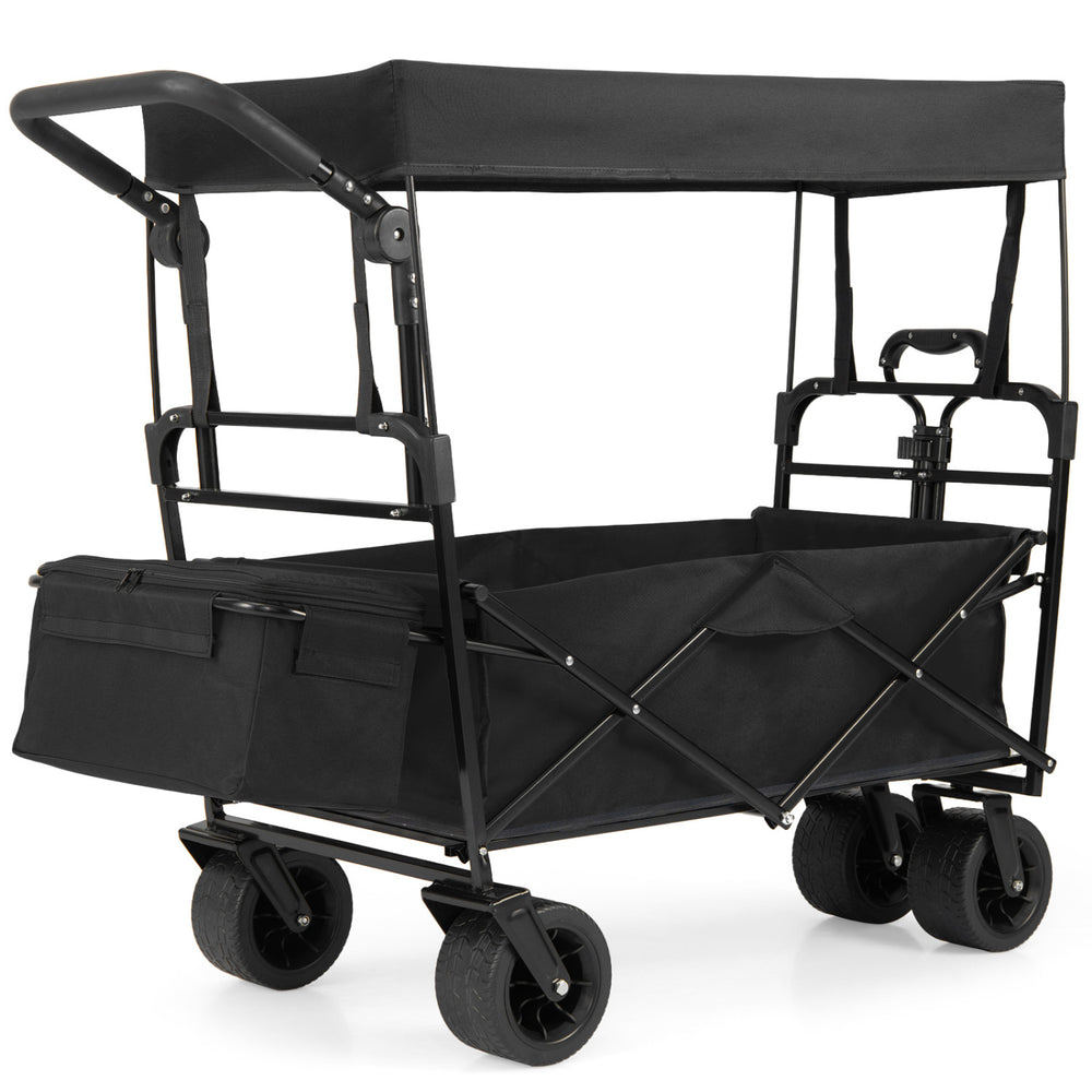 Collapsible wagon in black with removable canopy, adjustable handles, and all-terrain wheels for outdoor use.