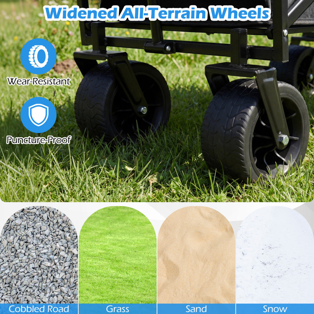 Widened all-terrain wheels of the collapsible wagon, designed for smooth movement on grass, sand, and cobbled roads.