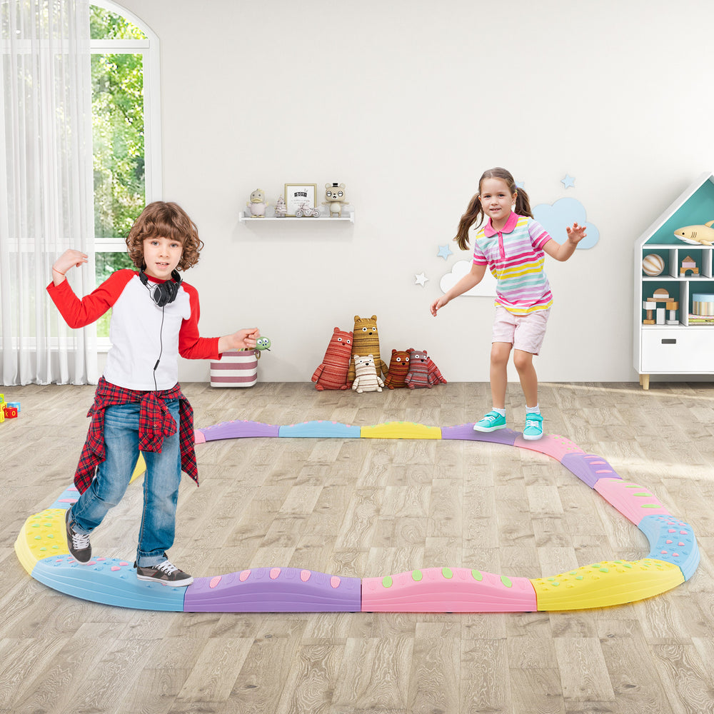 Colorful kids wavy balance beam set with textured surface, ideal for imaginative play and coordination skills.