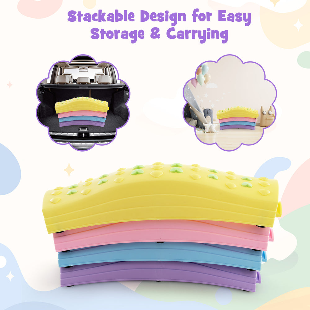Colorful kids' wavy balance beam stacked for easy storage, featuring non-slip foot pads and textured surface for safe.