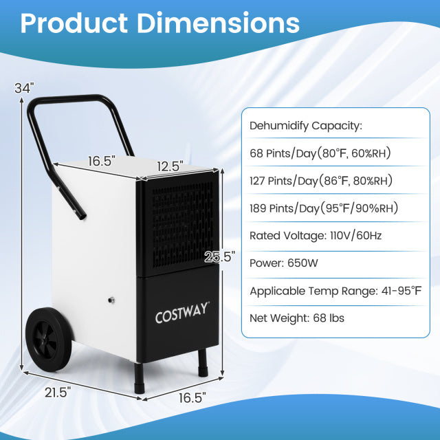 Commercial dehumidifier with heavy-duty metal floor fan, featuring dimensions 34"x21.5"x16.5" for efficient moisture.