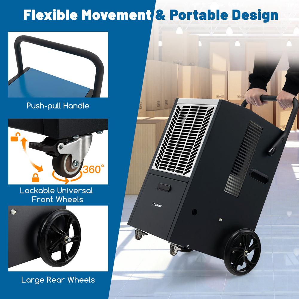 Portable 140 Pints commercial dehumidifier with push-pull handle and lockable wheels for easy movement and stability.