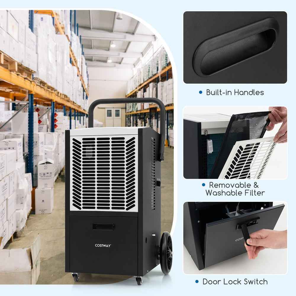 140 pints commercial dehumidifier with pump, removable filter, and built-in handles for easy mobility in crawl spaces.