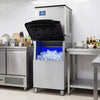 Freestanding commercial ice maker with LCD panel, producing 450 lbs of ice daily, ideal for busy kitchens.