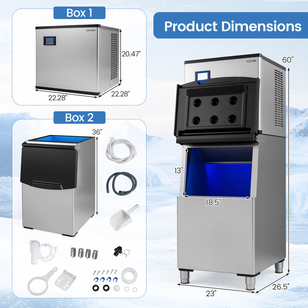 Freestanding commercial ice maker with 450 lbs/24H output, 250 lbs storage, and intuitive LCD panel for easy control.