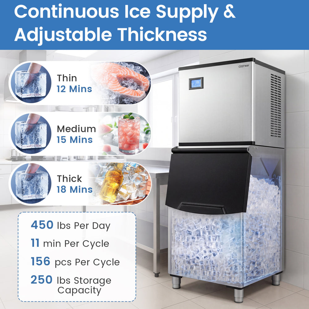 Freestanding commercial ice maker with adjustable thickness, producing 450 lbs daily and 250 lbs storage capacity.