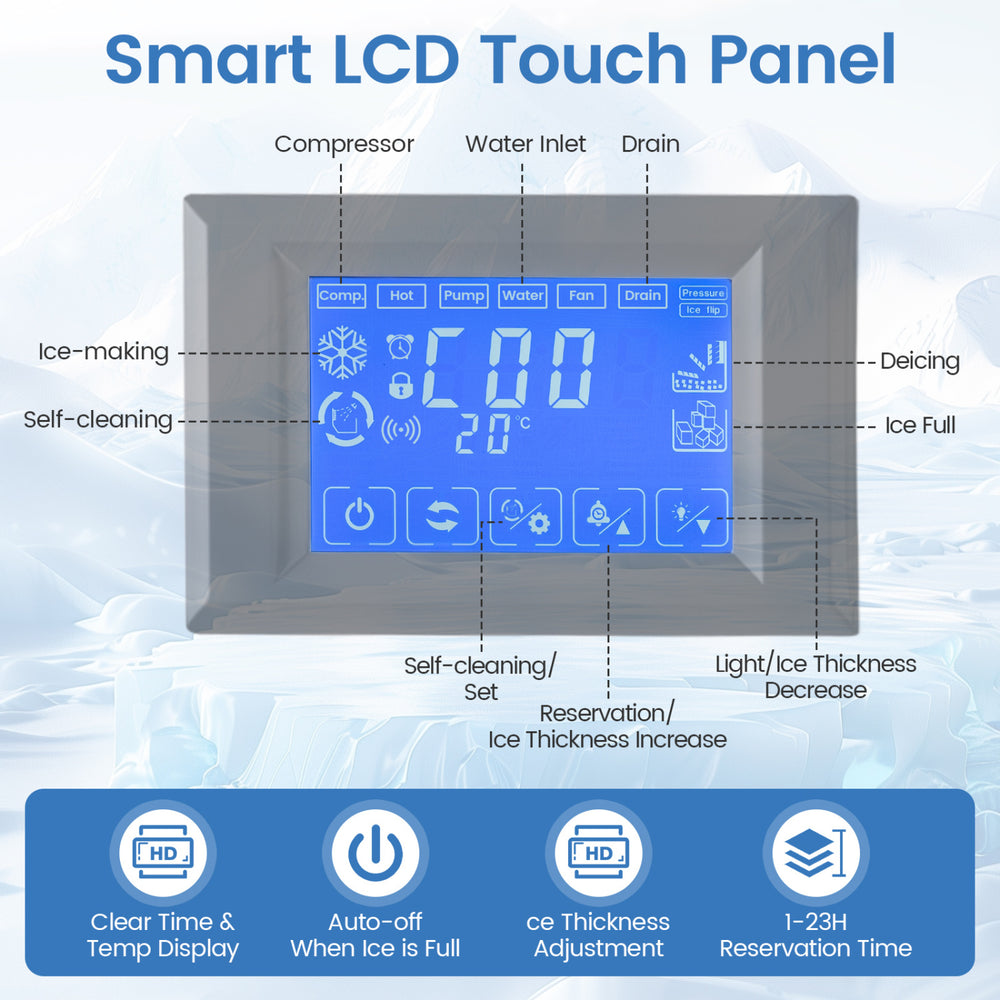 Smart LCD touch panel of the Freestanding Commercial Ice Maker with clear display and adjustable ice thickness settings.