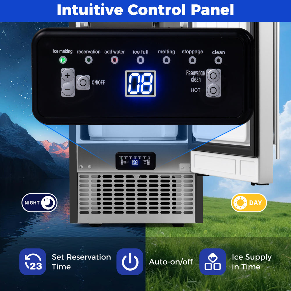 Intuitive control panel of the Commercial Ice Maker, featuring easy operation indicators and reservation timer for.