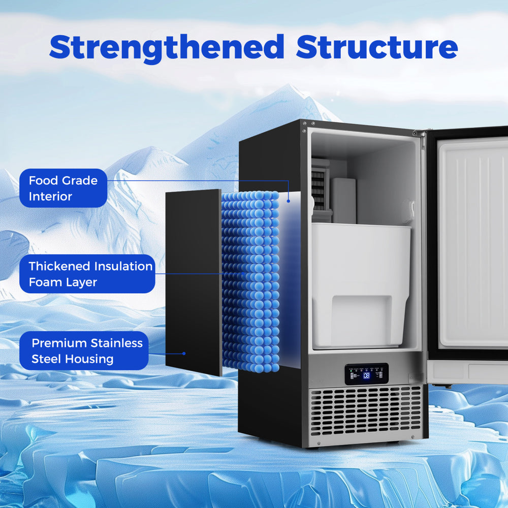 Commercial ice maker with stainless steel housing, food grade interior, and thick insulation for efficient ice.