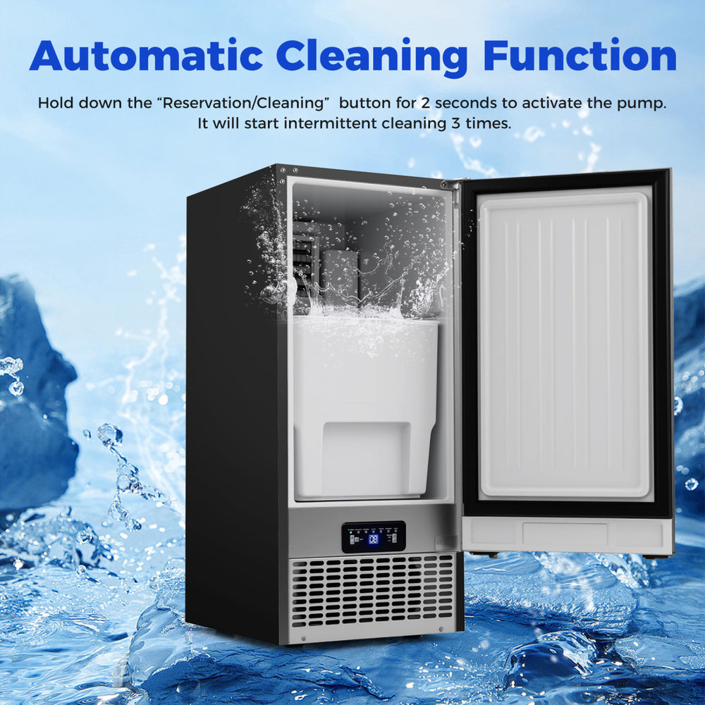 Commercial ice maker with automatic cleaning function, 110 lbs/day capacity, stainless steel housing, ideal for.