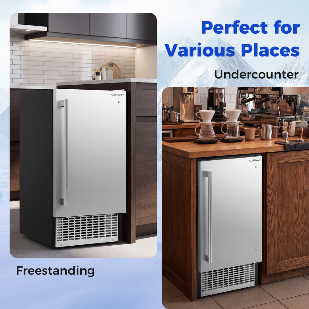 Commercial ice maker with stainless steel housing, 110 lbs/day capacity, perfect for undercounter installation in.