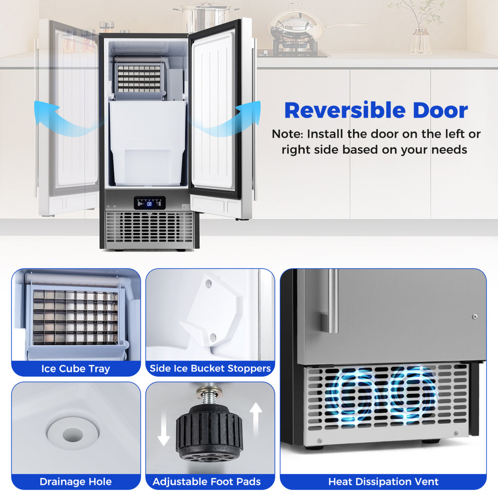 Reversible door commercial ice maker with stainless steel housing, adjustable foot pads, and 25 lbs storage capacity.