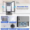Reversible door commercial ice maker with stainless steel housing, adjustable foot pads, and 25 lbs storage capacity.