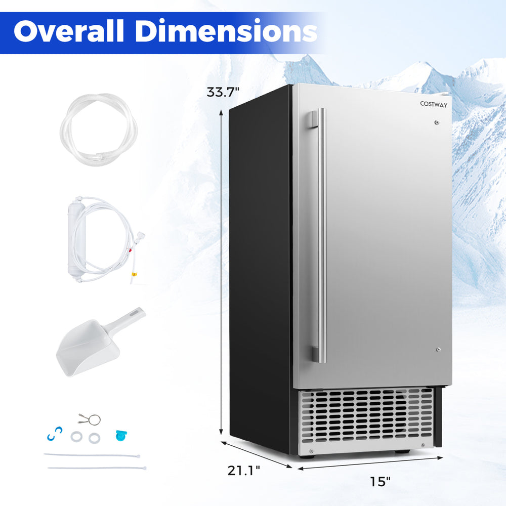 Commercial ice maker with stainless steel housing, 110 lbs/day capacity, and dimensions of 33.7" H x 21.1" D x 15" W.