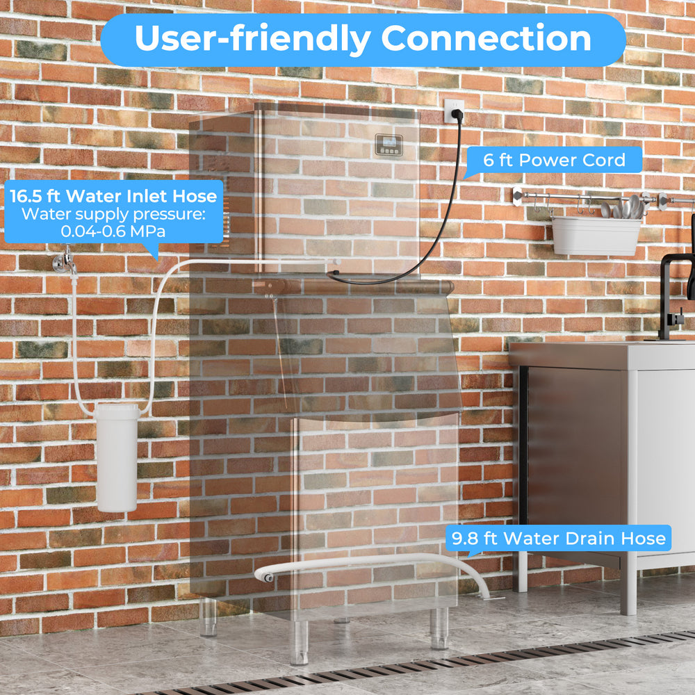 User-friendly connection features of the Commercial Ice Maker Machine with 16.5 ft water inlet and 9.8 ft drain hoses.