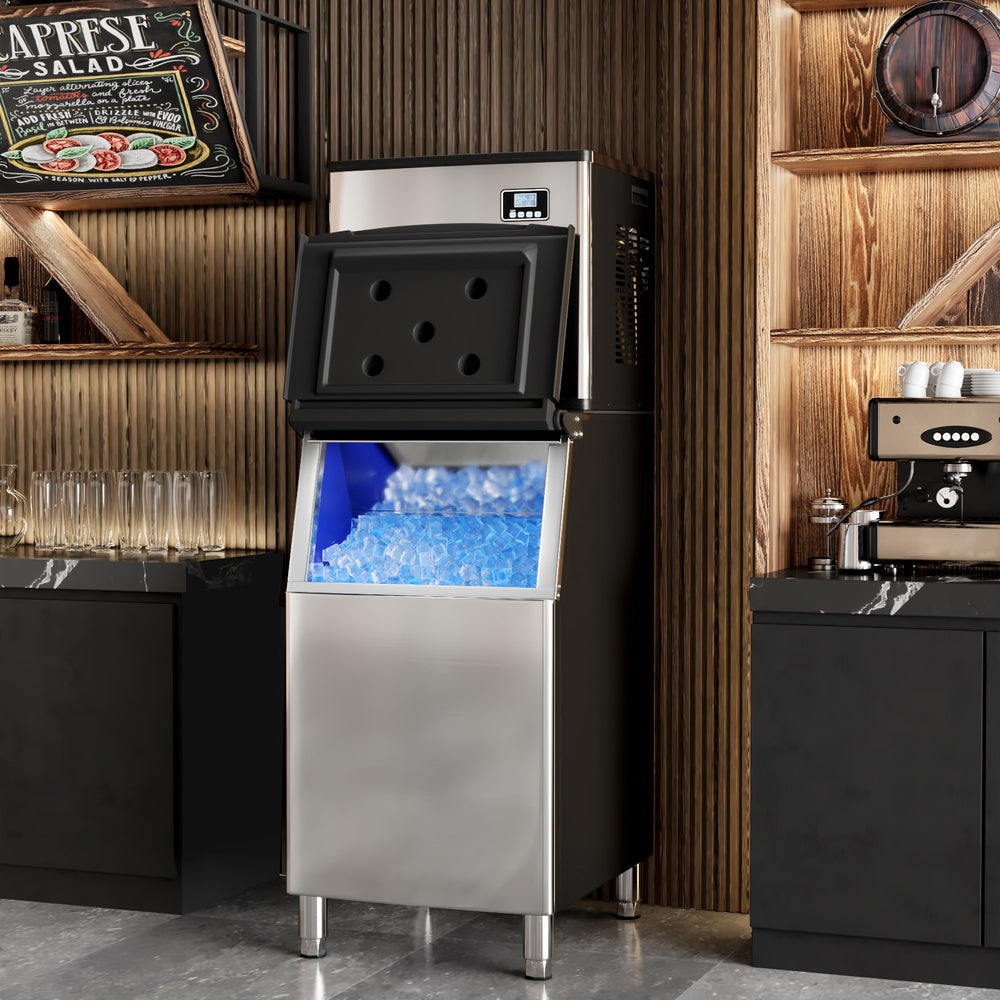 Commercial ice maker machine in silver with 418 lbs/24H capacity and 200 lbs storage bin, ideal for busy kitchens.