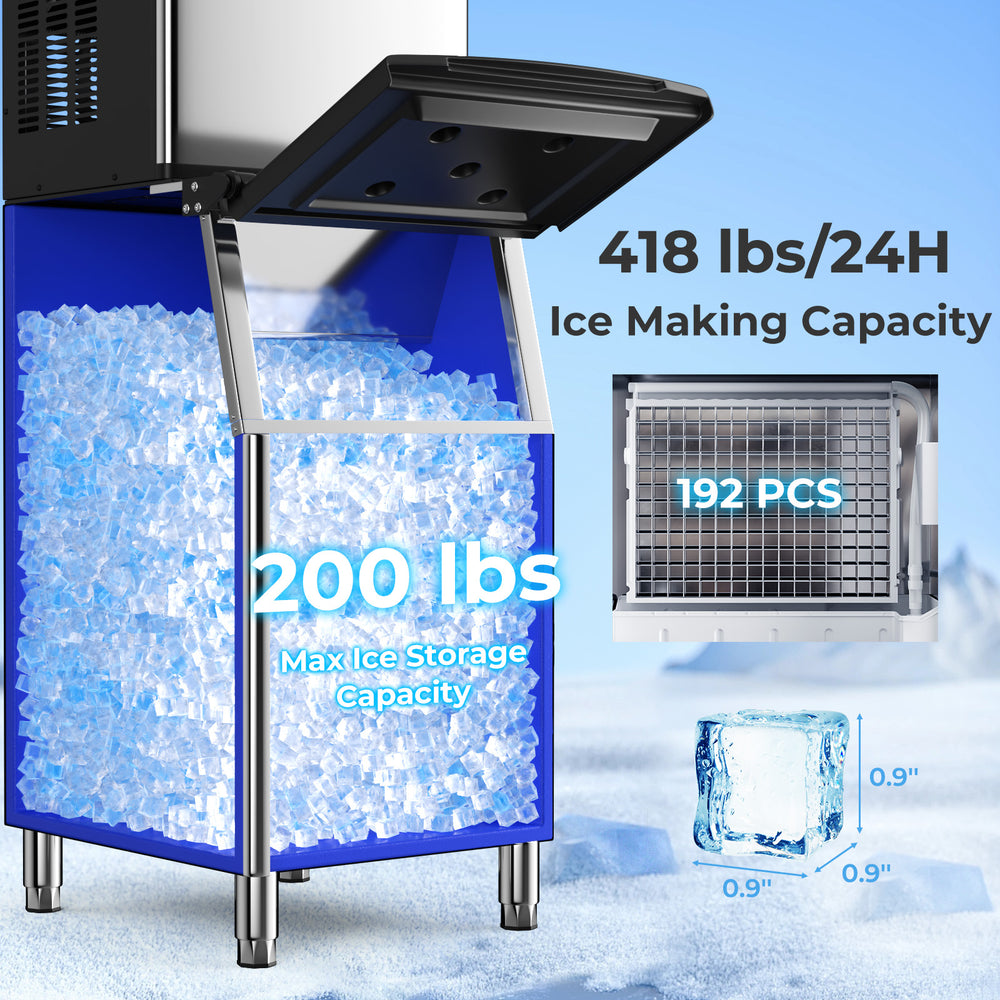 Commercial ice maker machine with 200 lbs storage bin, showing ice cubes and user-friendly control panel for easy.