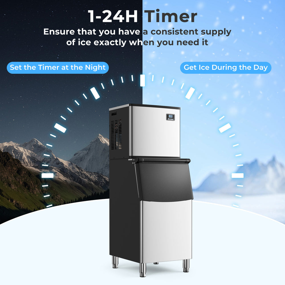 Commercial ice maker machine with 418 lbs/24H capacity and 200 lbs storage bin, ideal for consistent ice supply.