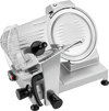 Commercial meat slicer with a 10" carbon steel blade, adjustable thickness, and aluminum housing for efficient slicing.