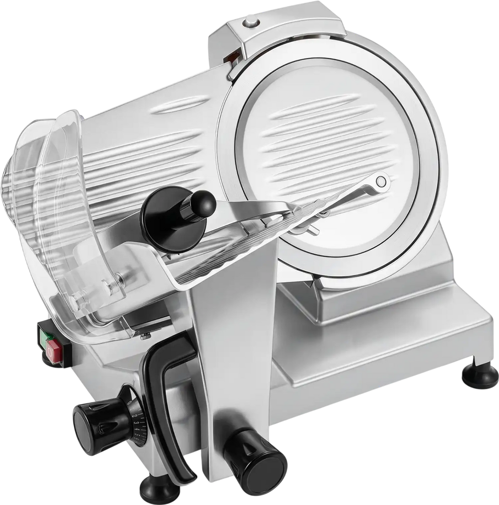 Commercial meat slicer with a 10" carbon steel blade, adjustable thickness, and aluminum housing for efficient slicing.
