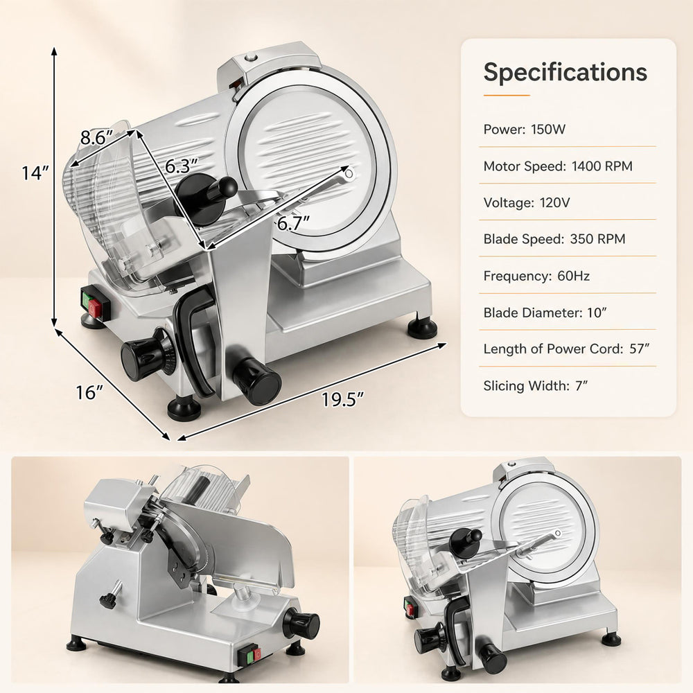 Side view of the commercial meat slicer featuring a 10" carbon steel blade and non-slip feet for stable operation.