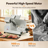 Commercial meat slicer with a 10" carbon steel blade, adjustable thickness, and high-efficiency motor for precise slicing.