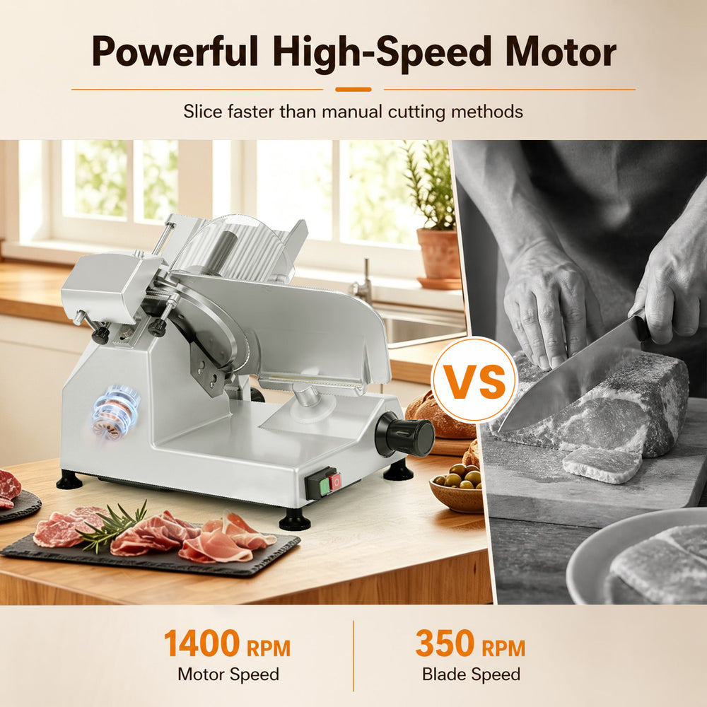 Commercial meat slicer with a 10" carbon steel blade, adjustable thickness, and high-efficiency motor for precise slicing.