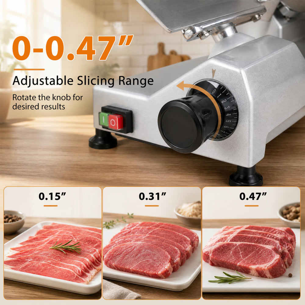 Commercial meat slicer with a 10" carbon steel blade and adjustable thickness from 0.15" to 0.47" for versatile slicing.