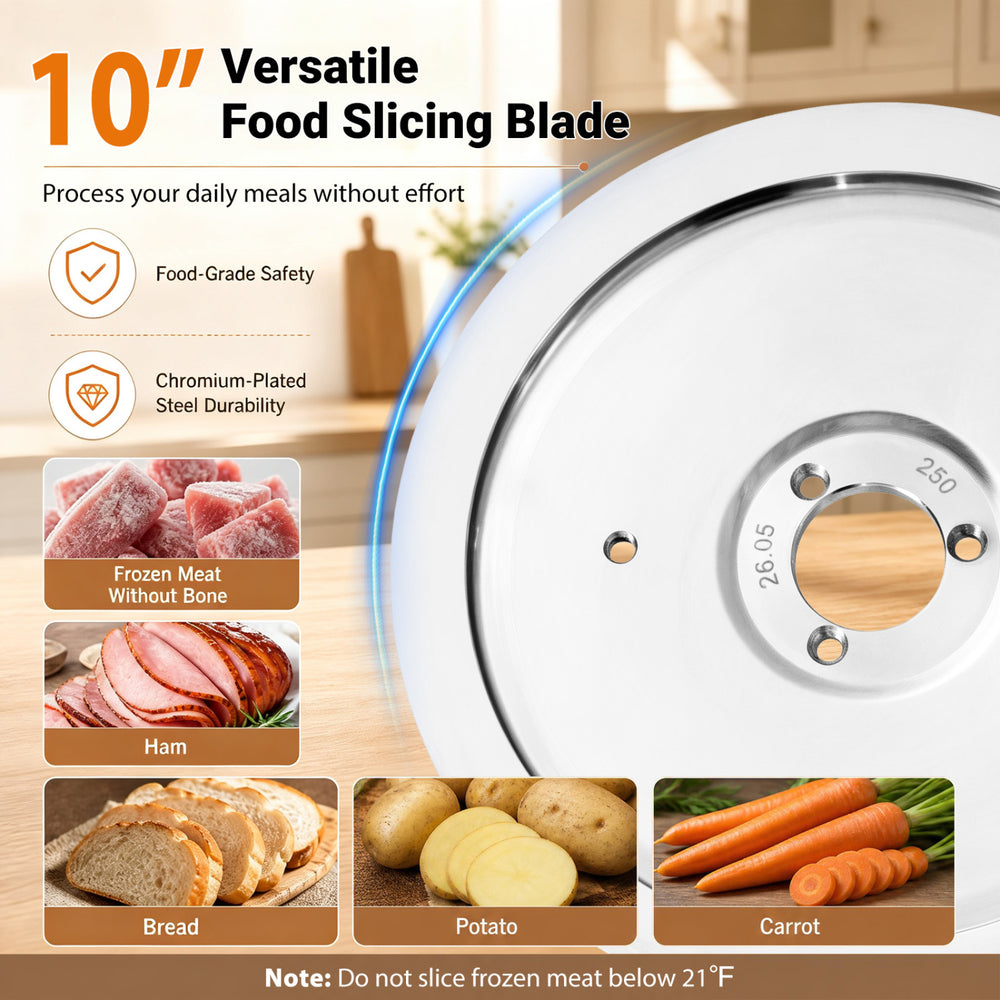 10" carbon steel blade commercial meat slicer with adjustable thickness for precise slicing of meat, cheese, and vegetables.