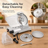 Commercial meat slicer with a 10" carbon steel blade, featuring adjustable thickness for precise slicing of various foods.