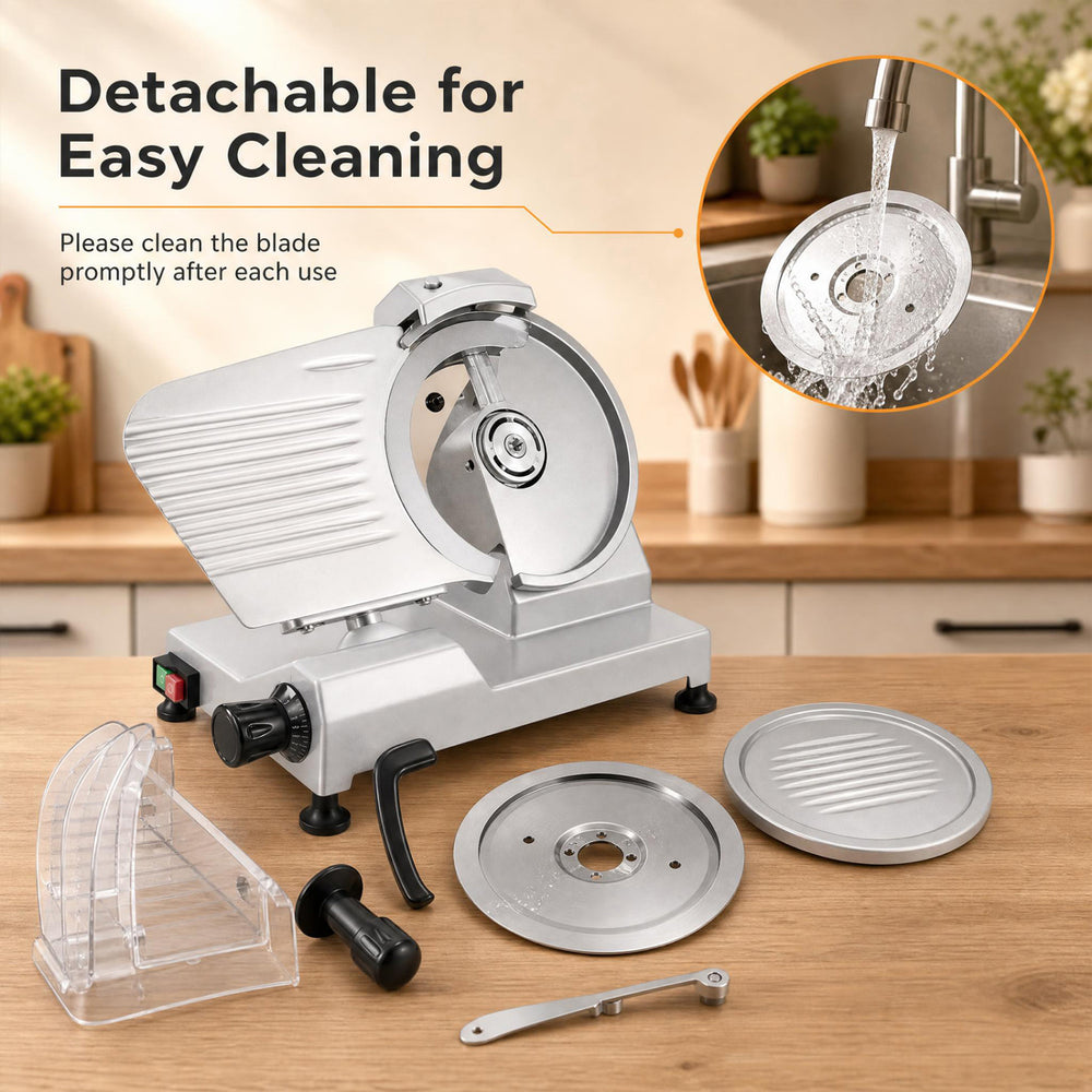 Commercial meat slicer with a 10" carbon steel blade, featuring adjustable thickness for precise slicing of various foods.