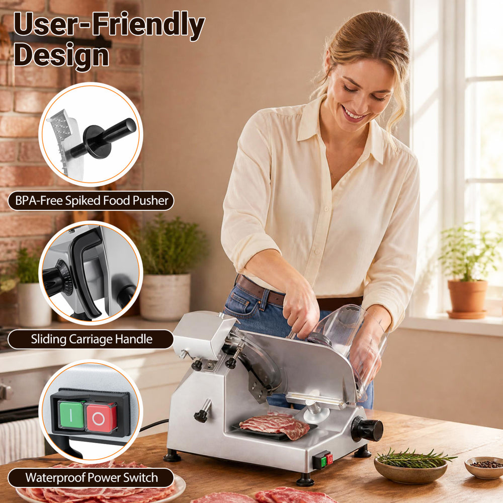 Commercial meat slicer with a 10" carbon steel blade and adjustable thickness for precise slicing of meat and cheese.