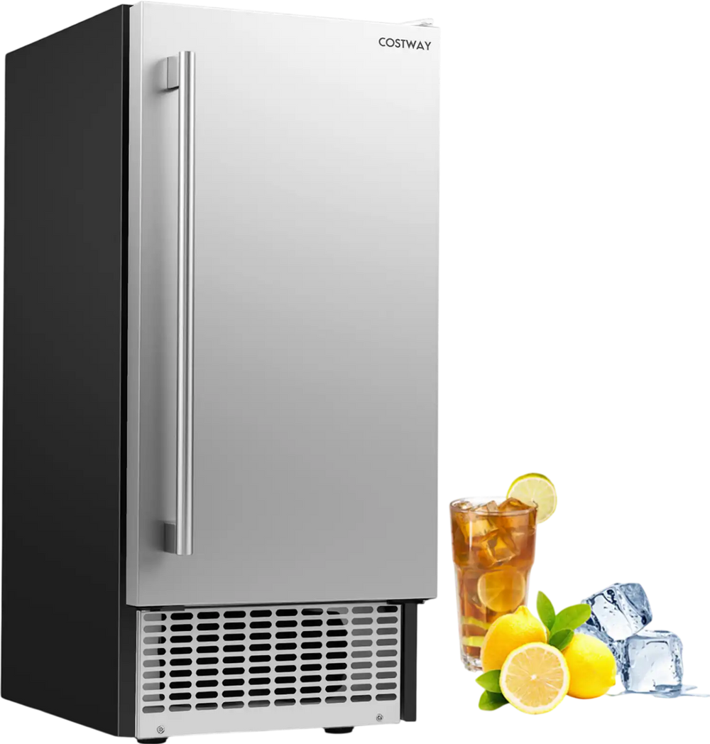 Commercial under counter ice maker with lighted interior, 25 lbs capacity, and front venting for easy access and.