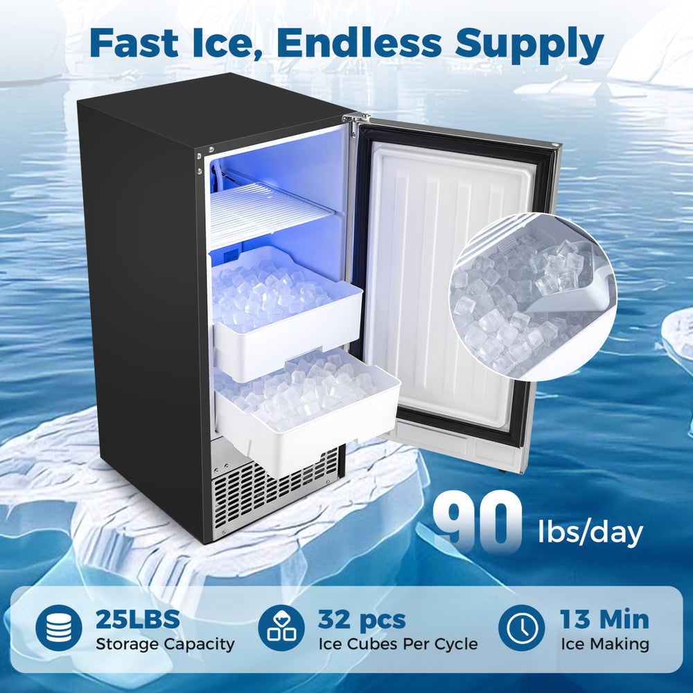 Commercial under counter ice maker with 90 lbs/day output, dual bins, and adjustable ice thickness for busy gatherings.