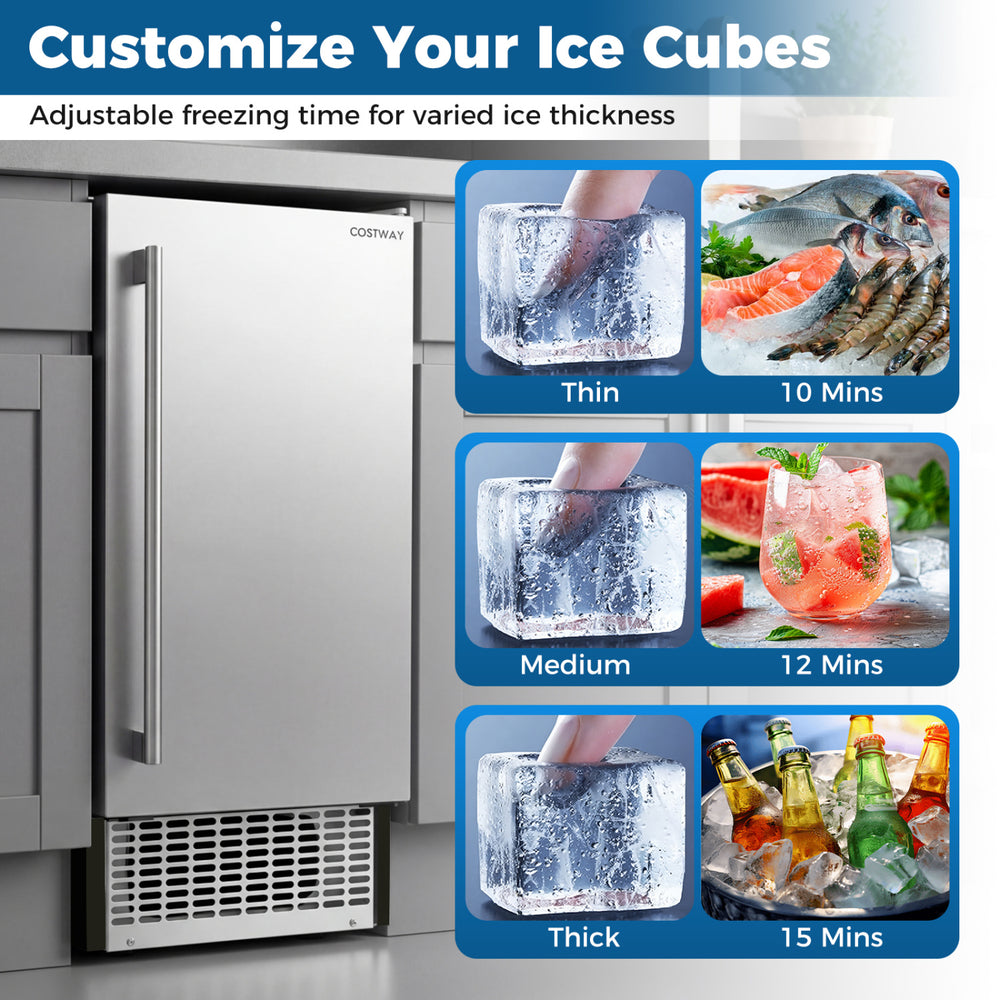 Commercial under counter ice maker with adjustable ice thickness settings, ideal for busy kitchens and gatherings.