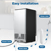 Commercial under counter ice maker showing easy installation features like water inlet, drain hose, and power cord.
