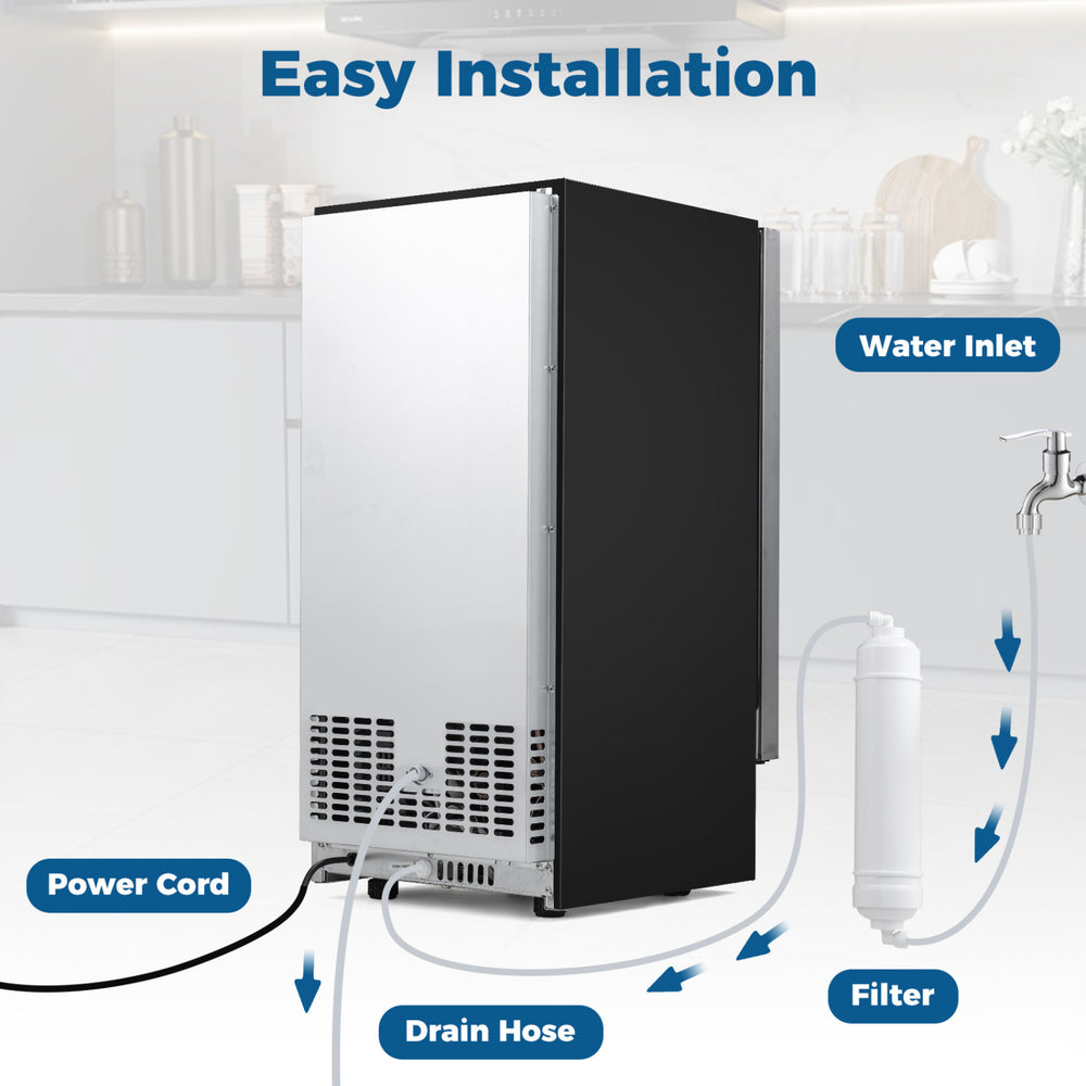 Commercial under counter ice maker showing easy installation features like water inlet, drain hose, and power cord.
