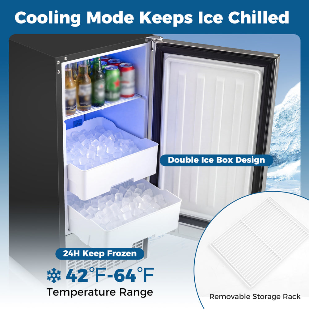Commercial under counter ice maker with dual bins, 90 lbs/day output, and adjustable ice thickness for versatile use.