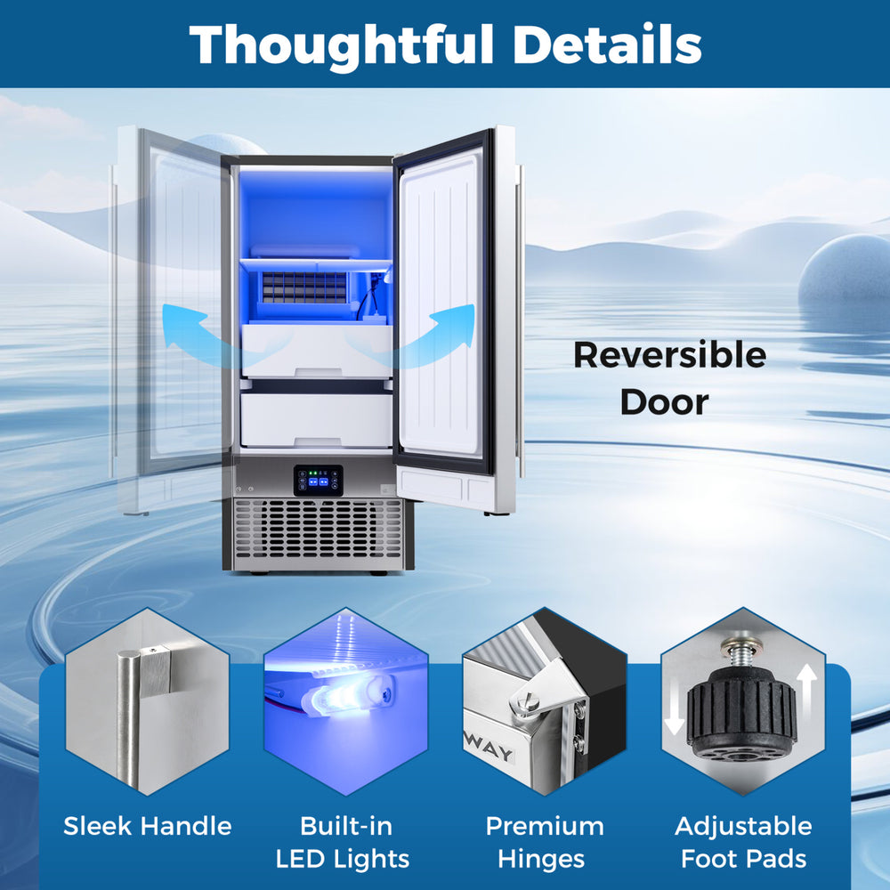 Commercial under counter ice maker with reversible door, built-in LED lights, and adjustable foot pads for versatile.