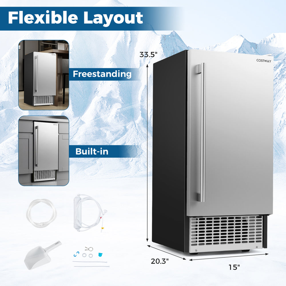 Commercial under counter ice maker with stainless steel finish, 90 lbs/day output, freestanding or built-in for.