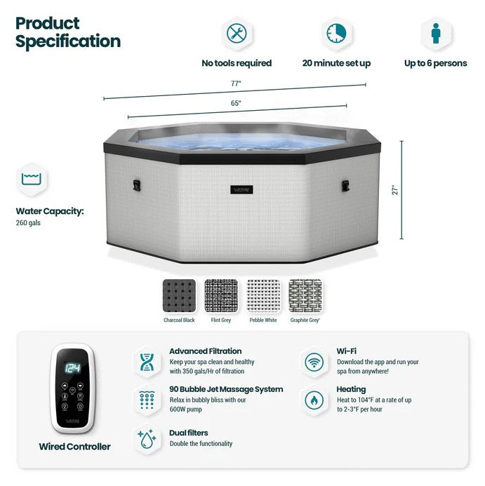 Wave Como Eco Foam Hot Tub 6-Person Octagonal Spa with Built-In Heater New