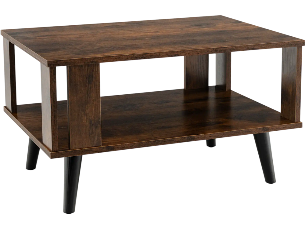Compact retro mid-century coffee table in rustic brown with open shelf for storage, ideal for living rooms and bedrooms.